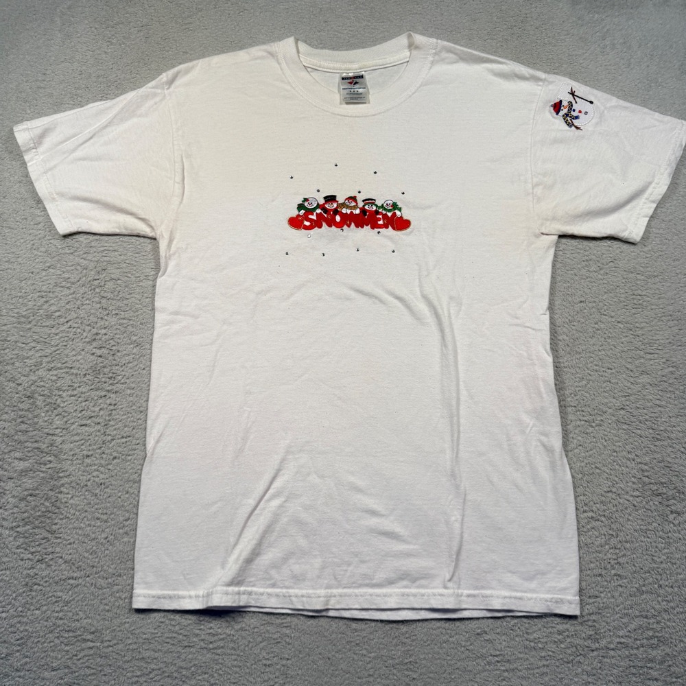 Vintage Jerzees Pale Pink Embroidered Snowman Graphic T Shirt Adult M